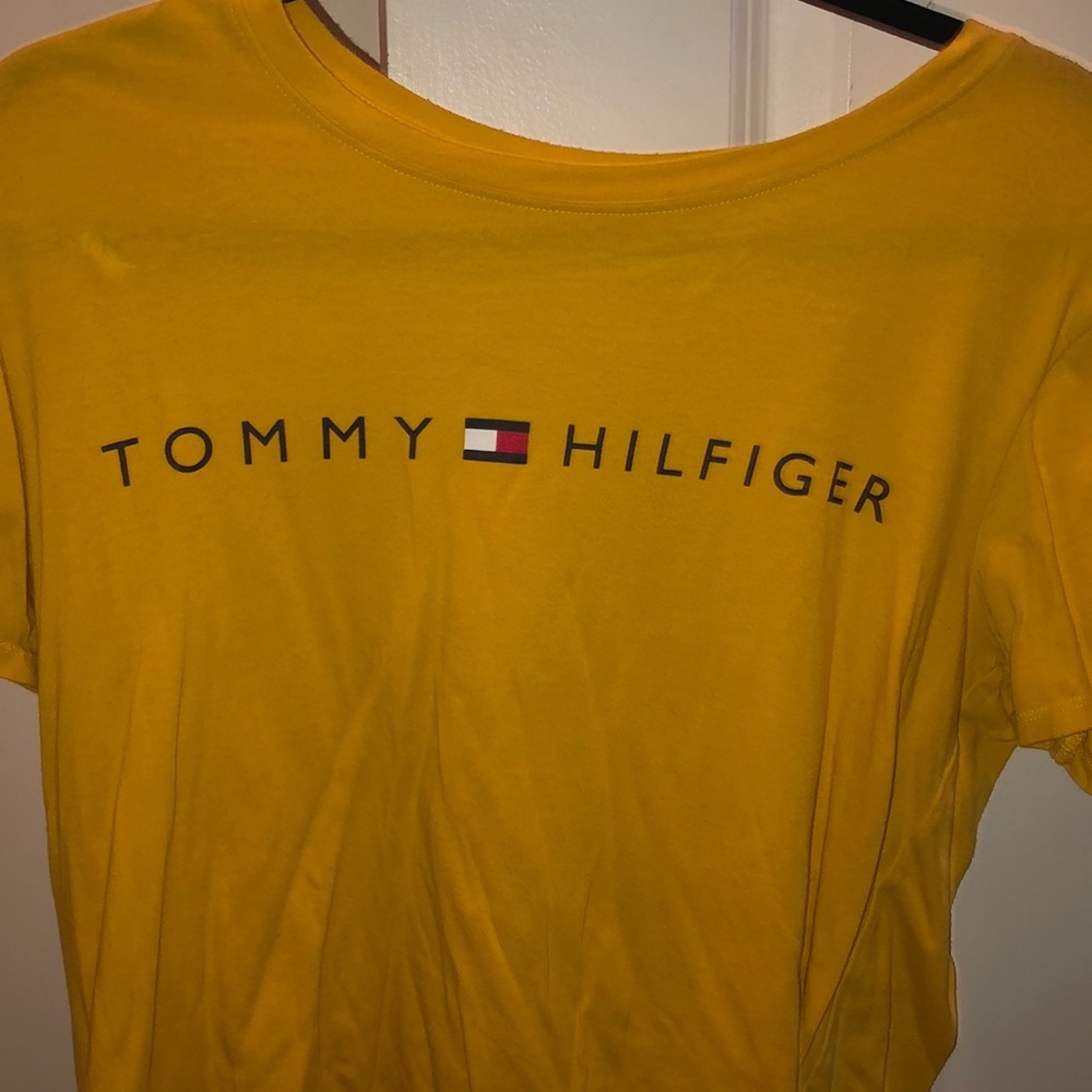 short sleeved yellow Tommy Hilfiger shirt